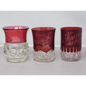 Set Of 3 Antique Ruby Red Souvenir‎ Glasses With Etched Designs & Clear Accents